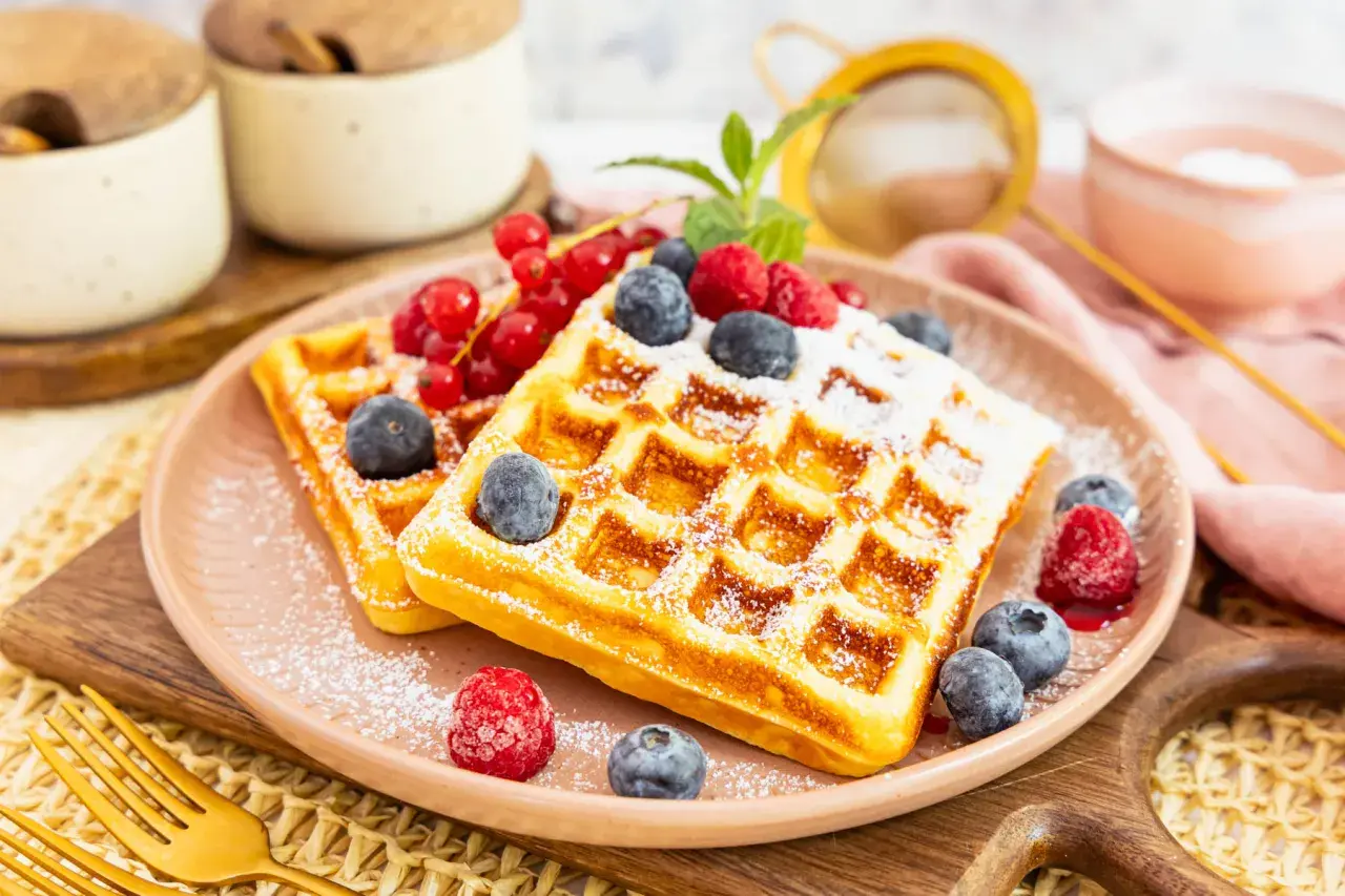 Zwei goldbraune Proteinwaffeln, bestäubt mit Puderzucker und garniert mit frischen Beeren und Johannisbeeren.