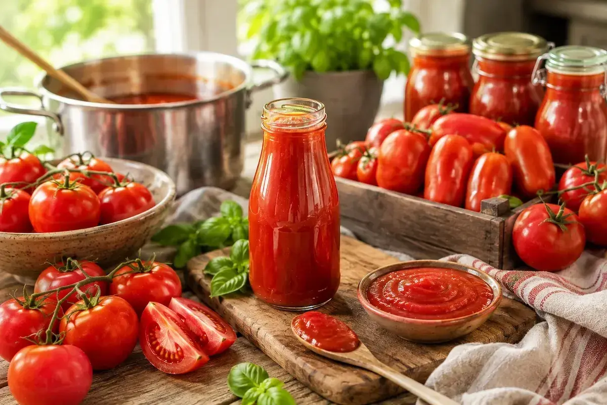 Frische Tomaten, Basilikum und ein Topf voller roter Sauce deuten auf das köstliche Ergebnis hin, wenn man **Ketchup selber machen** möchte.