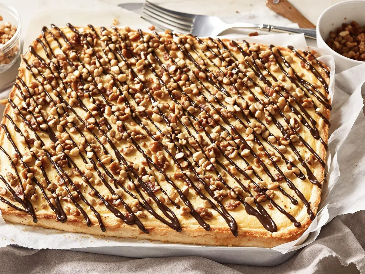 Ein rechteckiger "Friss dich dumm Kuchen" mit cremiger Füllung, garniert mit Nüssen und Schokoladensauce.
