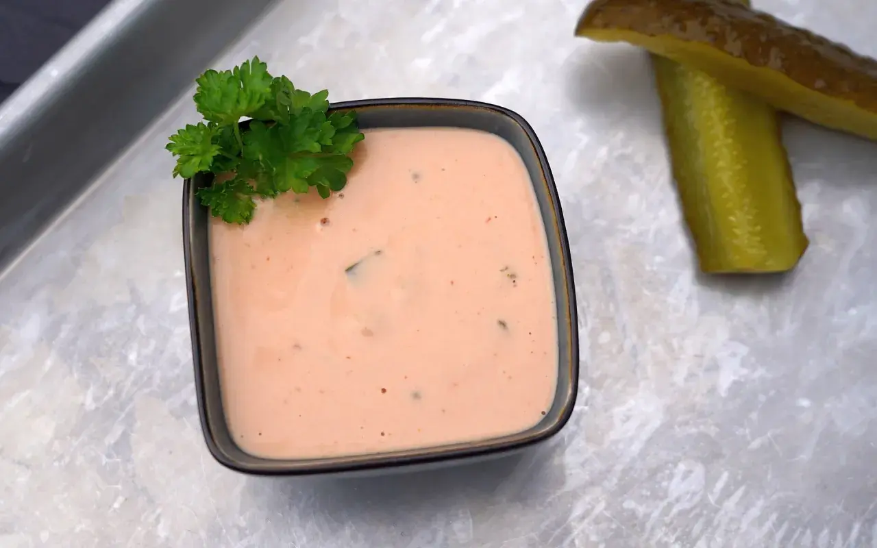 Cremige In-N-Out Burger Sauce in einer Schale, garniert mit Petersilie. Daneben liegen zwei saftige Gurkenscheiben.