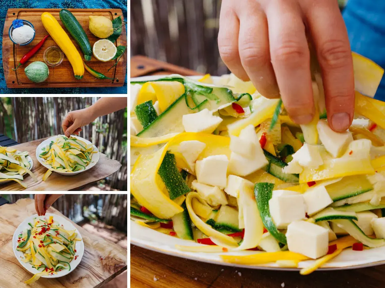 Bunte Zucchini-Streifen mit Feta und Chili. Köstliche gelbe Zucchini Rezepte für einen frischen Salat.