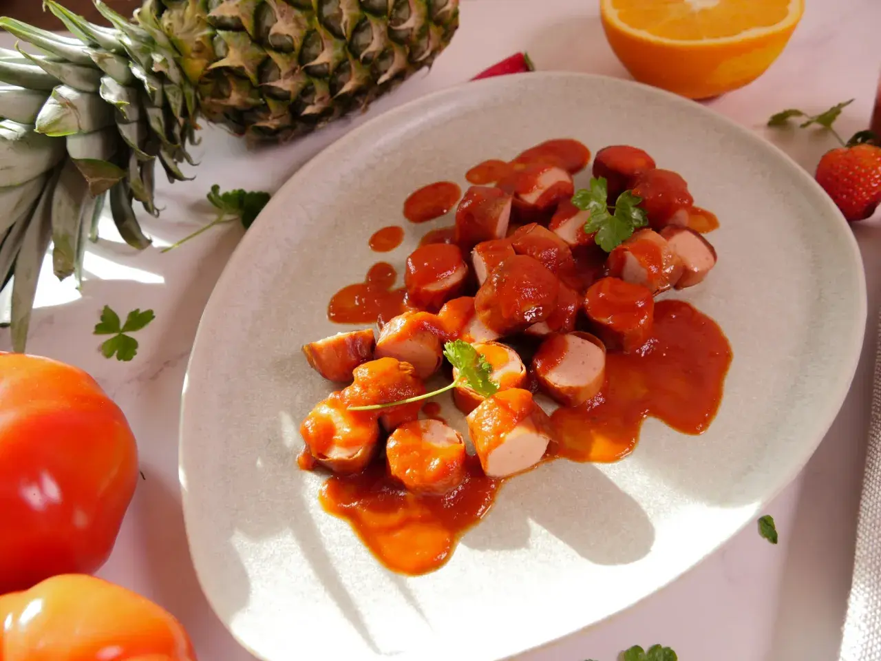 Ein Teller mit geschnittener Currywurst in Sauce, garniert mit Petersilie. Daneben Ananas, Orange, Erdbeeren und Tomaten – Zutaten für ein leckeres Currywurst Rezept.