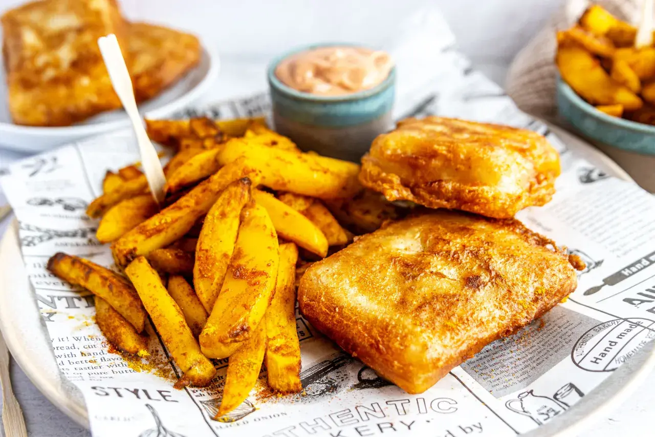 Knuspriges Fish and Chips mit goldenen Pommes und einer cremigen Sauce. Ein Genuss für jeden Gaumen!
