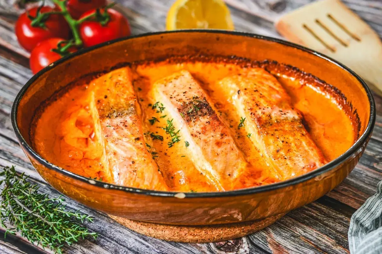 Saftige Lachsfilets in cremiger Lachs Sahne Sauce, garniert mit frischen Kräutern. Daneben Tomaten und eine Zitronenspalte.