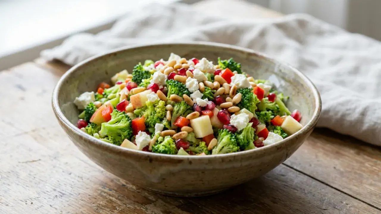 Frischer brokkoli salat mit Granatapfelkernen, Pinienkernen und Feta in einer rustikalen Schüssel.