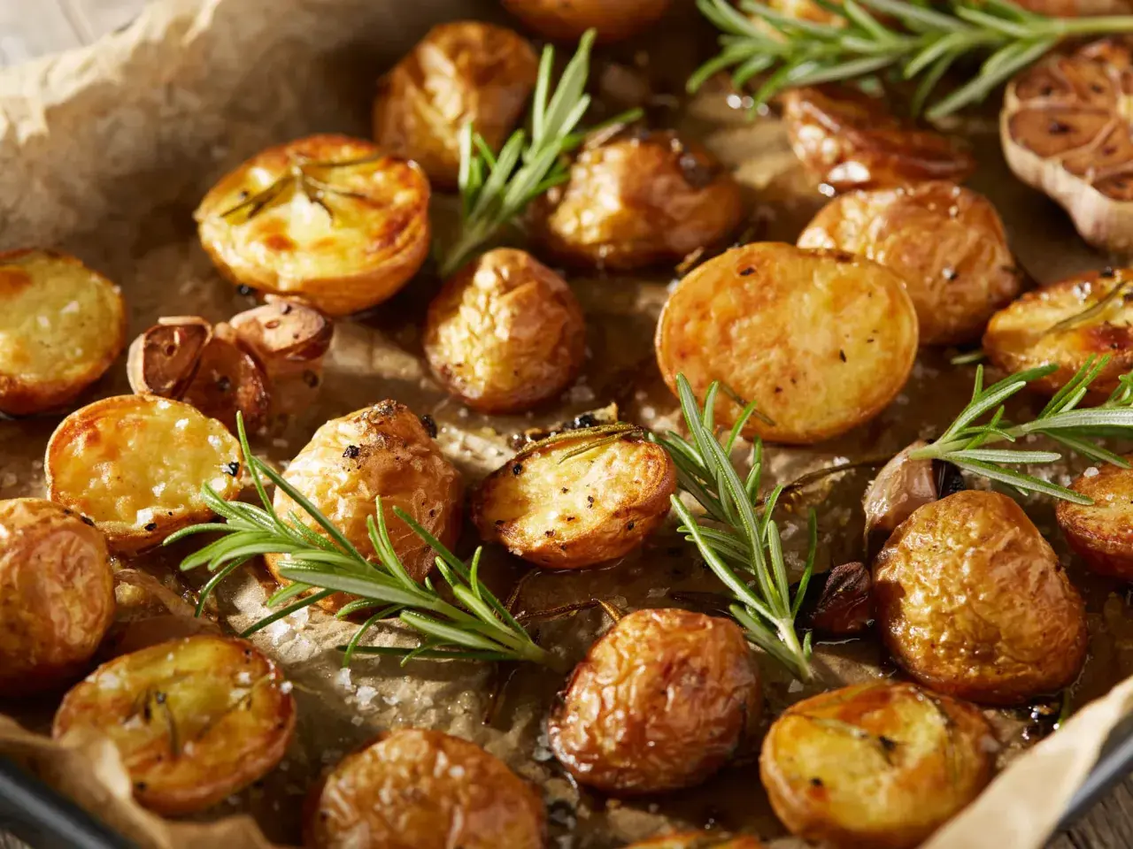 Goldbraune rosmarinkartoffeln vom blech, mit Knoblauch und grobem Salz bestreut, duften verführerisch.