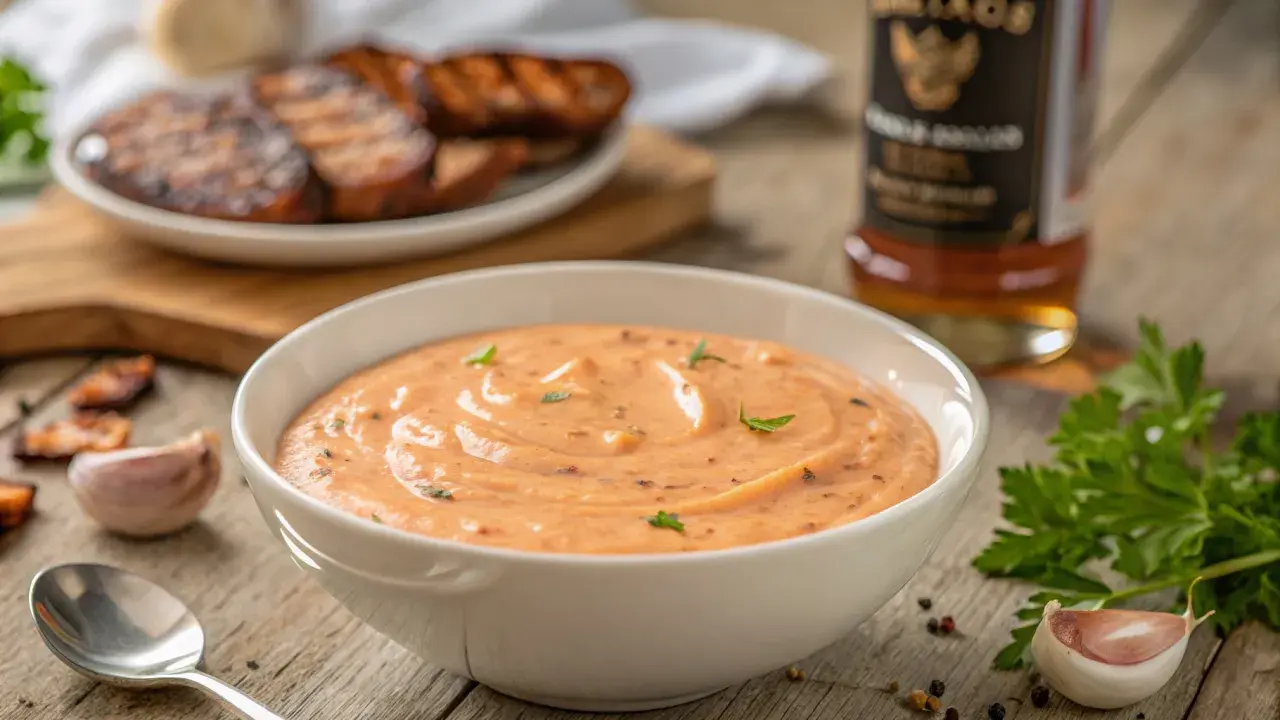 Cremige Metaxa-Sauce mit Kräutern, daneben gegrilltes Fleisch, Knoblauch und Petersilie. Perfekt zum Dippen!
