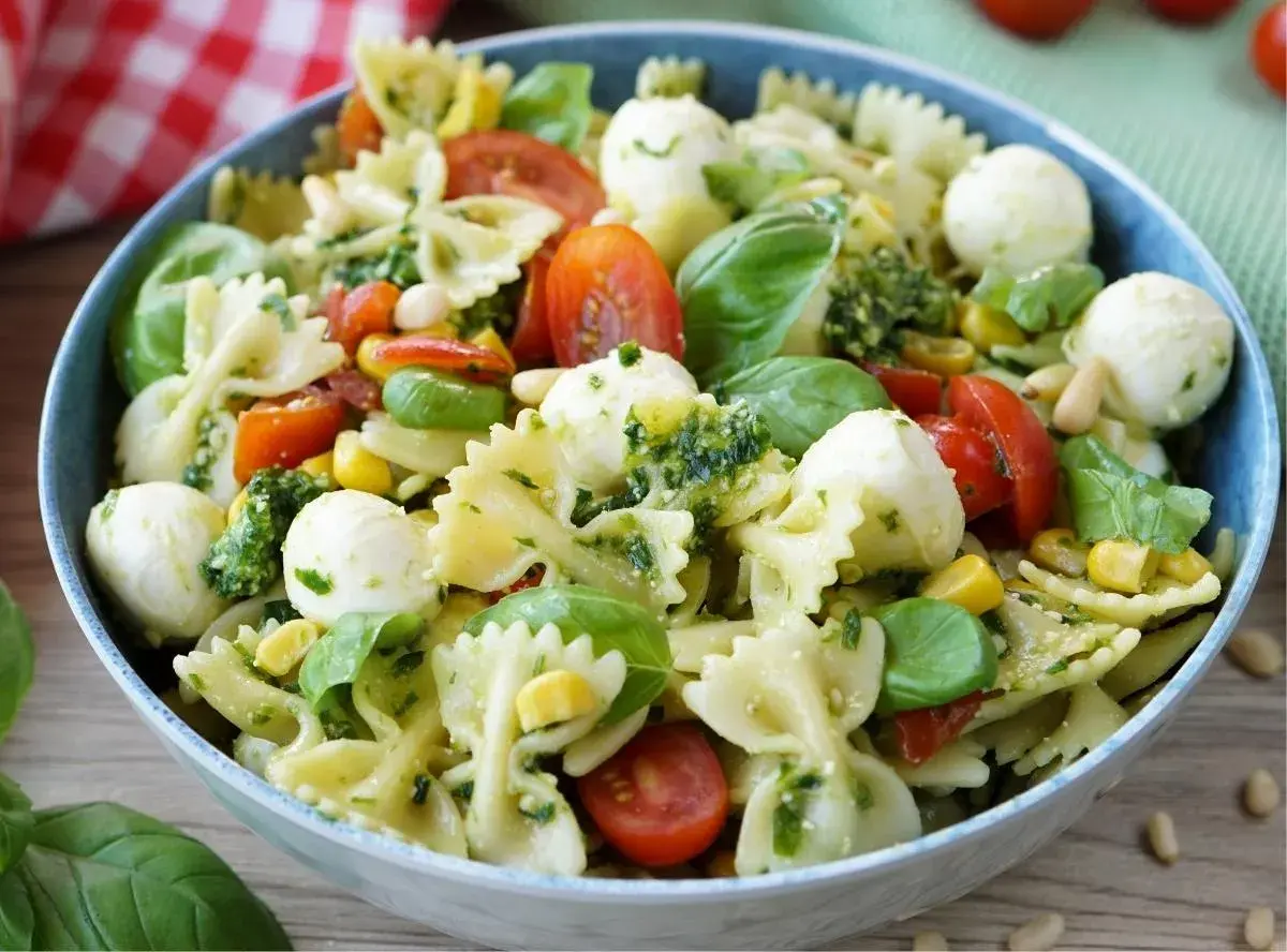 Ein bunter Nudelsalat mit Farfalle, Kirschtomaten, Mozzarella-Kugeln, Mais und frischem Basilikum, alles verfeinert mit einem köstlichen Pesto.