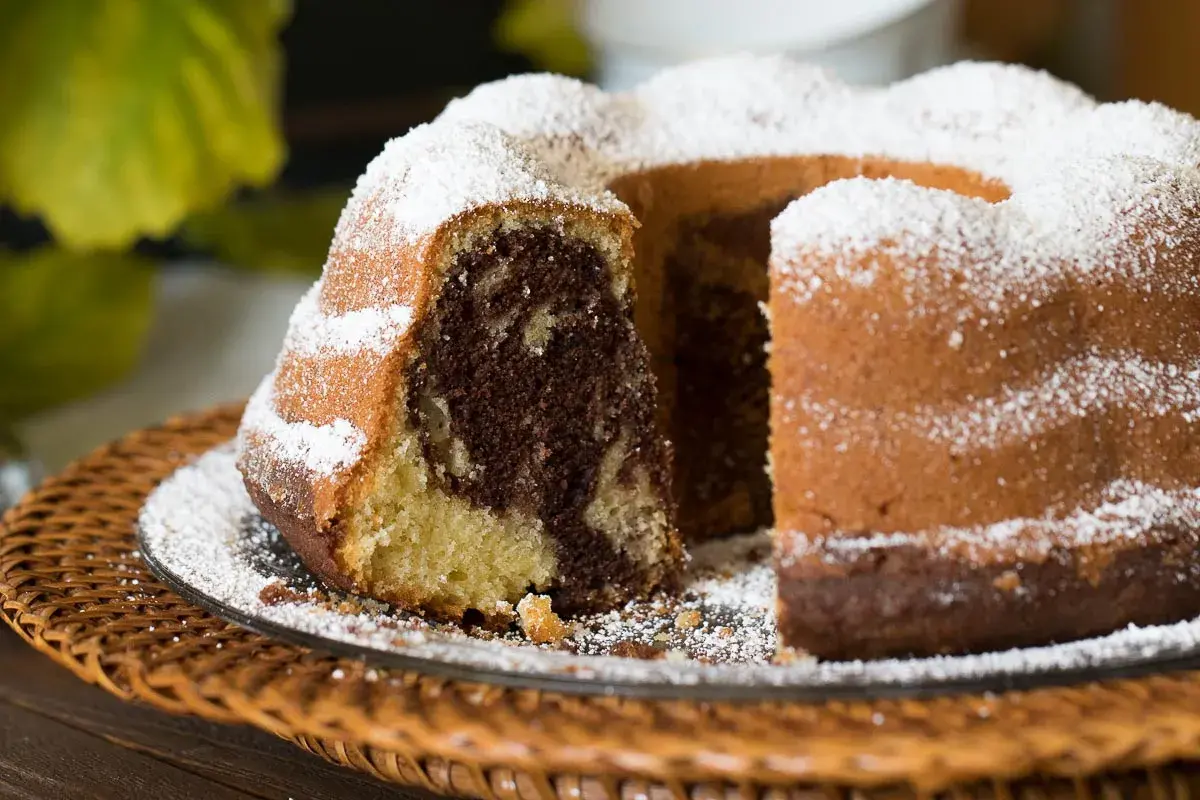 Ein köstlicher Marmorkuchen, frisch gebacken nach einem einfachen Rezept, bestäubt mit Puderzucker.