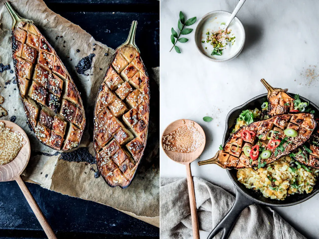 Gegrillte Auberginenhälften mit Sesam, ein köstliches Gericht, das Lust auf mehr macht. Perfekt für Ihre nächsten Rezepte mit Auberginen.