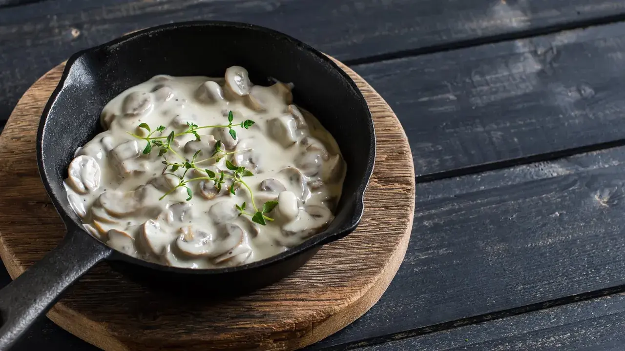 Cremige Champignon Rahmsauce in einer Gusseisenpfanne, garniert mit frischem Thymian.