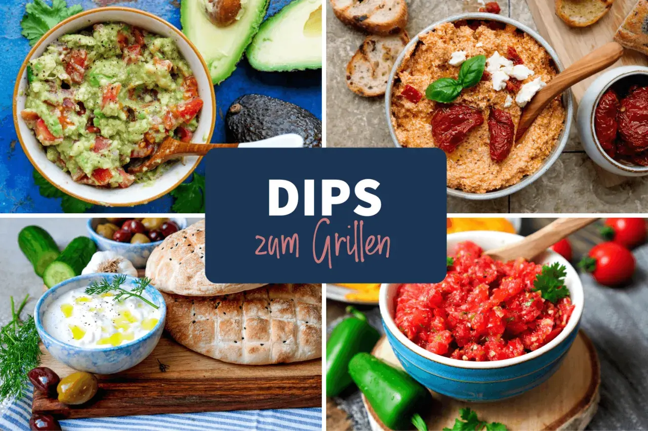 Vier leckere Dips zu Baguette: Guacamole, Tomaten-Dip, Tzatziki und ein cremiger Dip mit getrockneten Tomaten. Perfekt zum Grillen!