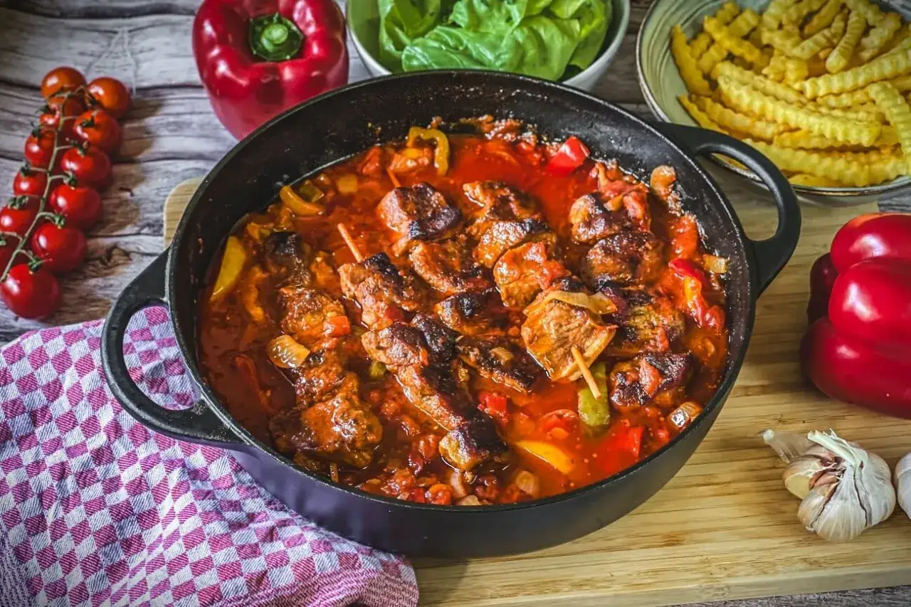 Herzhaftes Schaschlik-Rezept in Gusseisenpfanne, mit Paprika, Tomaten und Zwiebeln. Dazu Pommes und frische Zutaten.