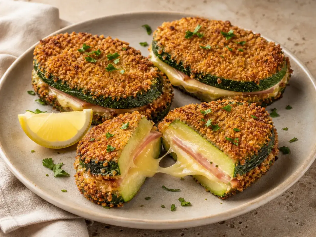 Zucchini Cordon Bleu: knusprig paniert, gefüllt mit Schinken und geschmolzenem Käse, garniert mit Zitrone und Petersilie.