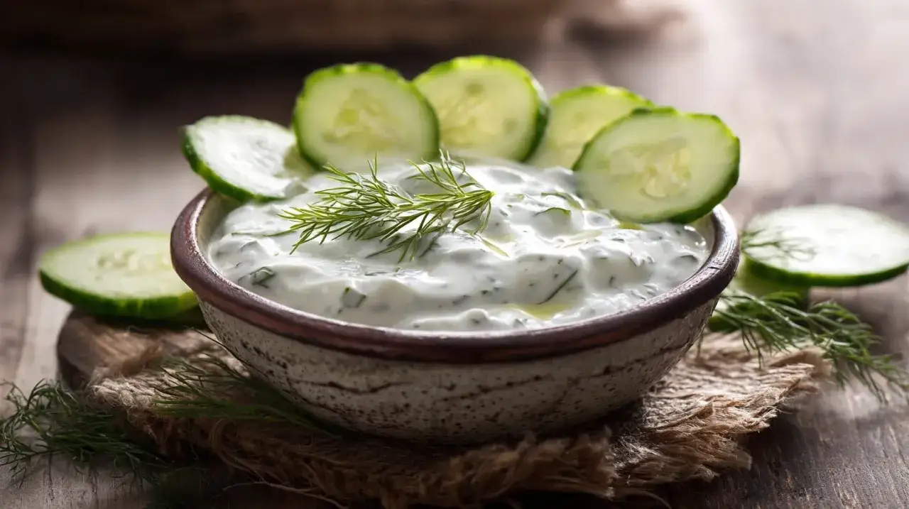 Cremiger Tzatziki-Dip mit Gurkenscheiben und Dill. Ein einfaches Tzatziki Rezept f&uuml;r den Sommer.