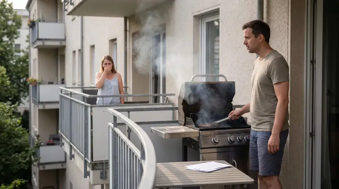 Mann grillt auf dem Balkon, w&auml;hrend eine Frau hustet. Ob man auf dem Balkon grillen darf, ist fraglich.