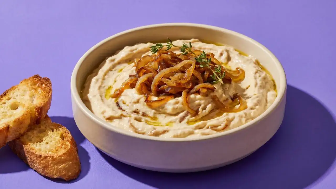 Cremiger Zwiebeldip mit karamellisierten Zwiebeln, garniert mit Thymian, serviert mit gerösteten Baguettescheiben. Ein köstlicher Genuss, der an Zwiebelsuppe erinnert.