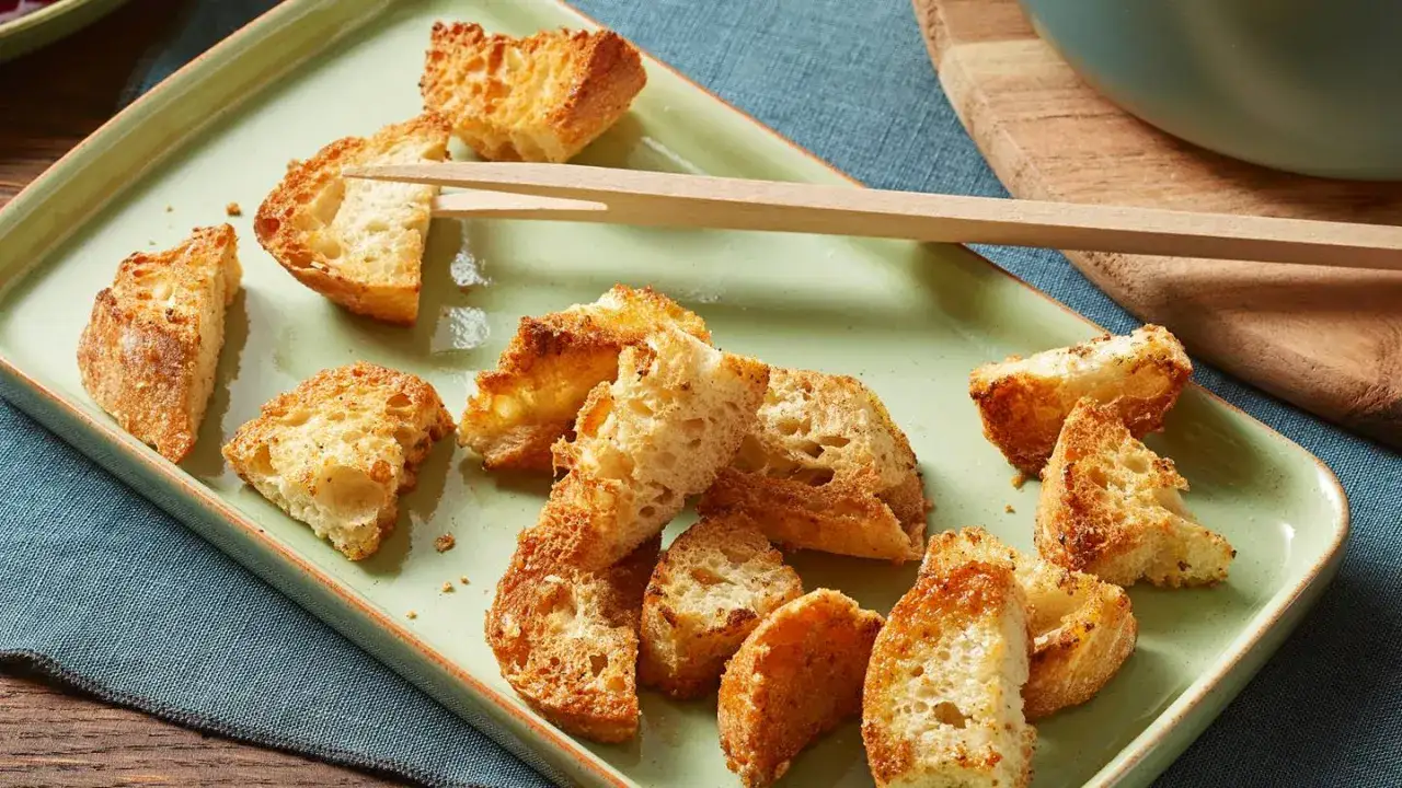 Geröstete Brotwürfel auf einer grünen Platte, eine clevere Art, altes Brot zu verwerten. Perfekt als Croutons oder Snack.