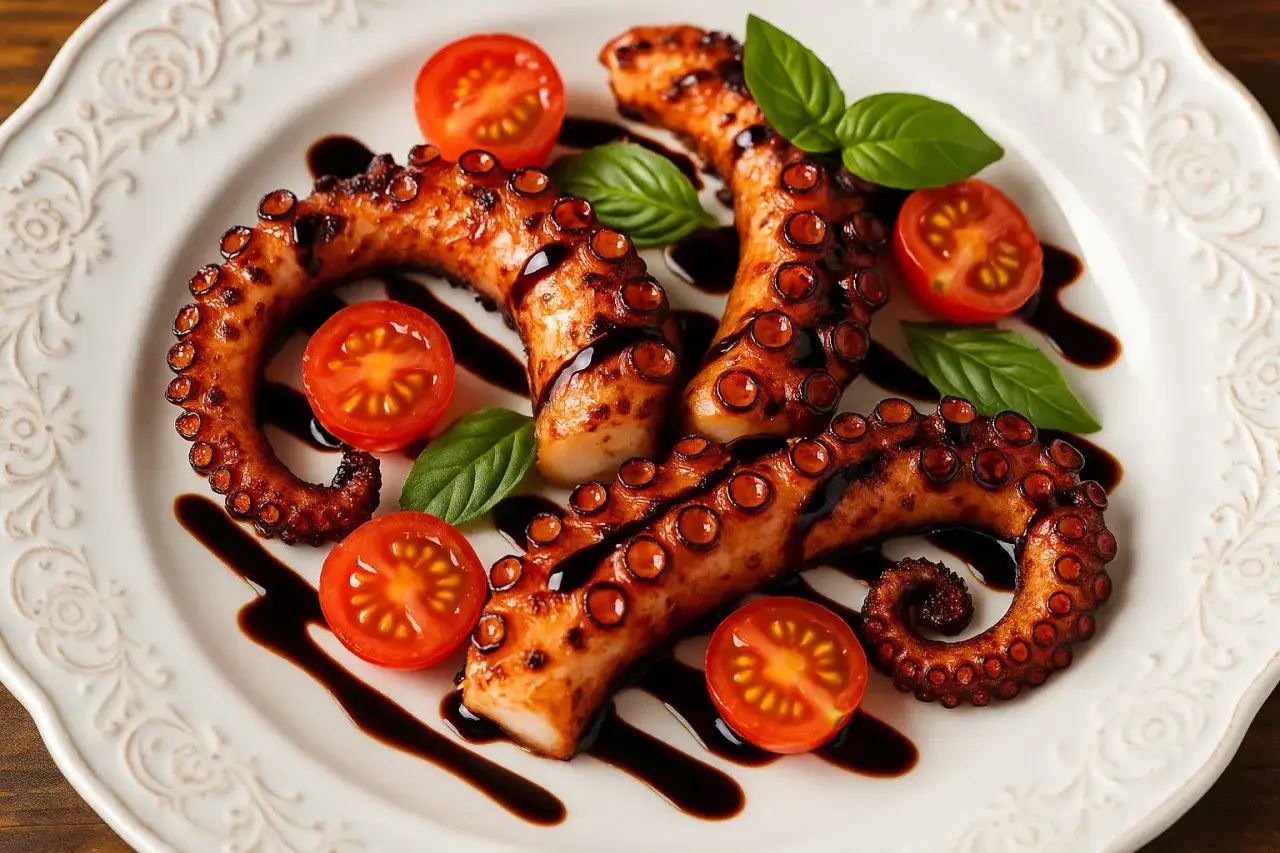 Gegrillte Tintenfischarme mit Kirschtomaten und Basilikum, beträufelt mit Balsamico Creme.