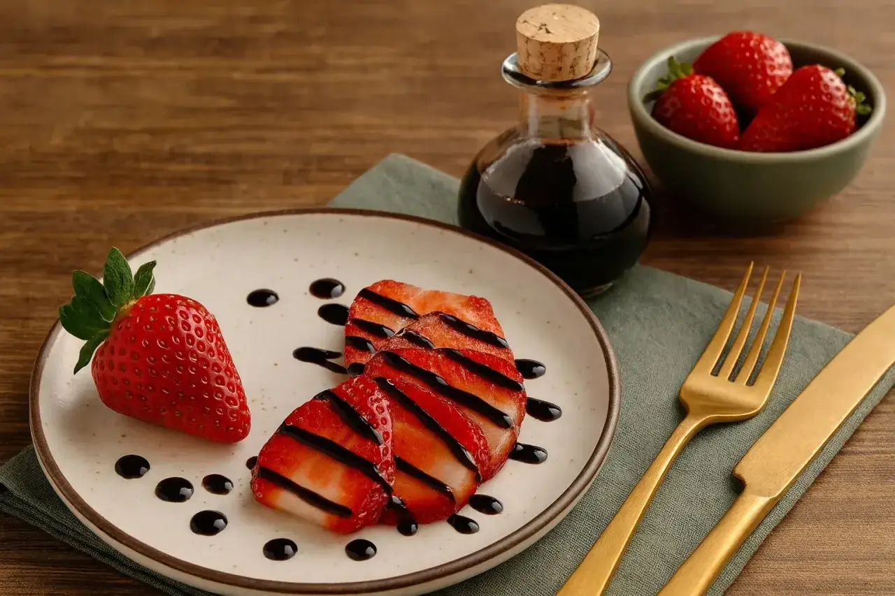 Frische Erdbeeren auf einem Teller, beträufelt mit Balsamico Creme. Daneben eine kleine Flasche mit der dunklen Creme und eine Schale voller Erdbeeren.