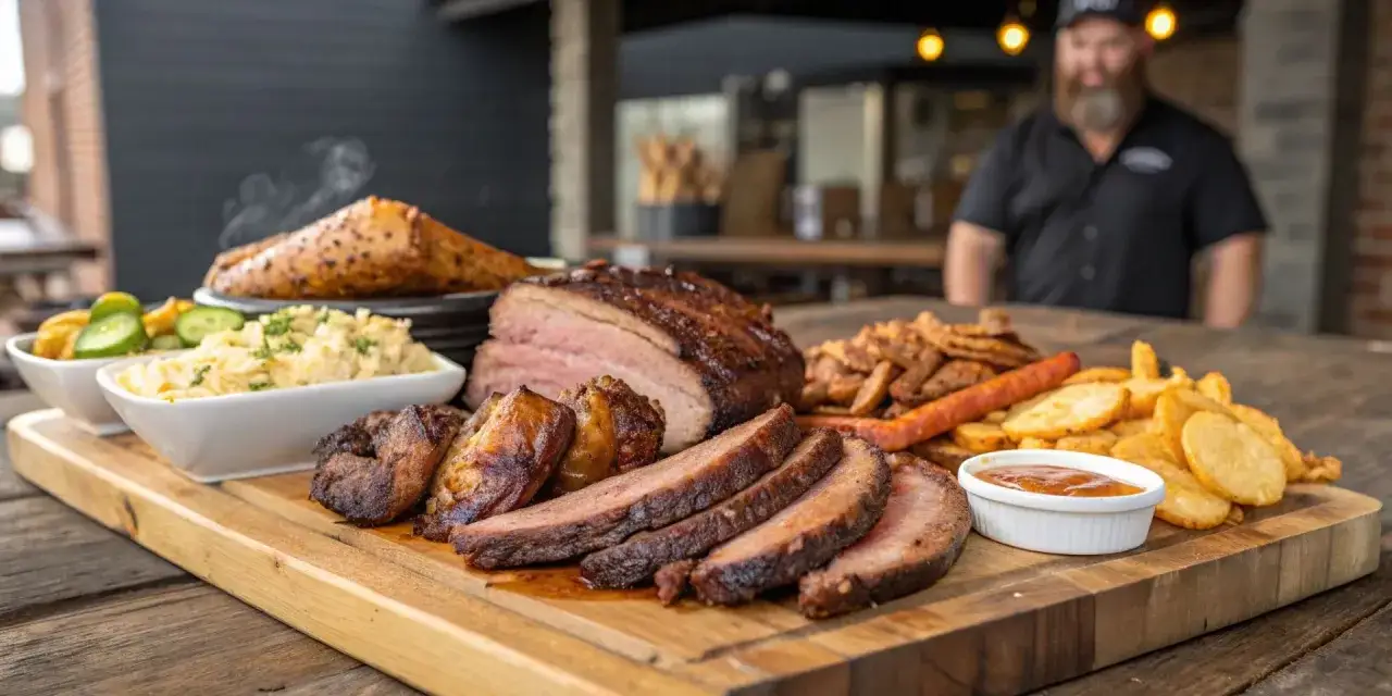 Ein &uuml;ppiges pulled pork plateau mit Brisket, Beilagen und Pommes. Ein Mann im Hintergrund l&auml;chelt.