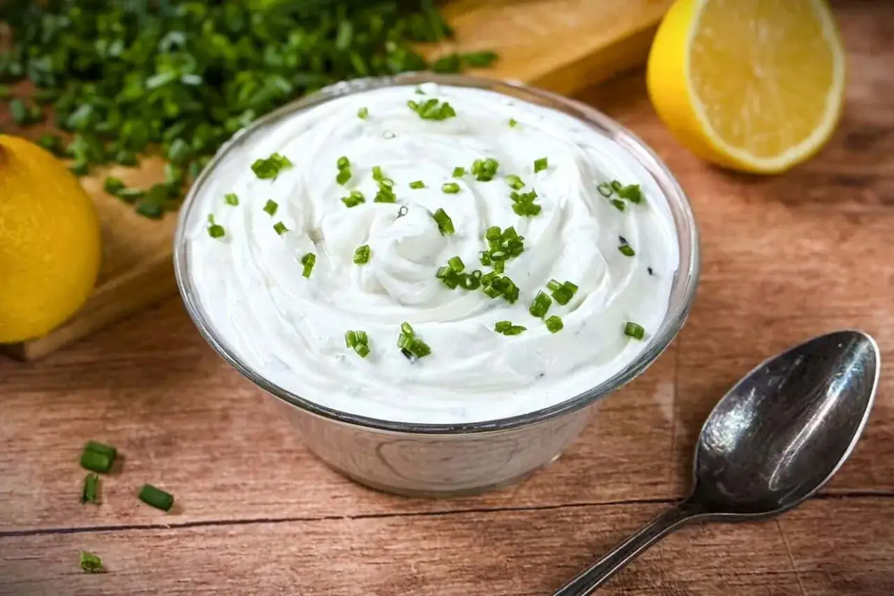 Cremige Sour Cream selber machen: Frisch geschnittener Schnittlauch verfeinert die hausgemachte Sour Cream. Dazu passen Zitronenspalten und ein L&ouml;ffel.