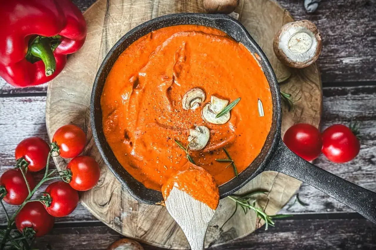 Cremige Metaxa-Sauce in einer Gusseisenpfanne, garniert mit Pilzen und Rosmarin. Daneben rote Paprika und Kirschtomaten.