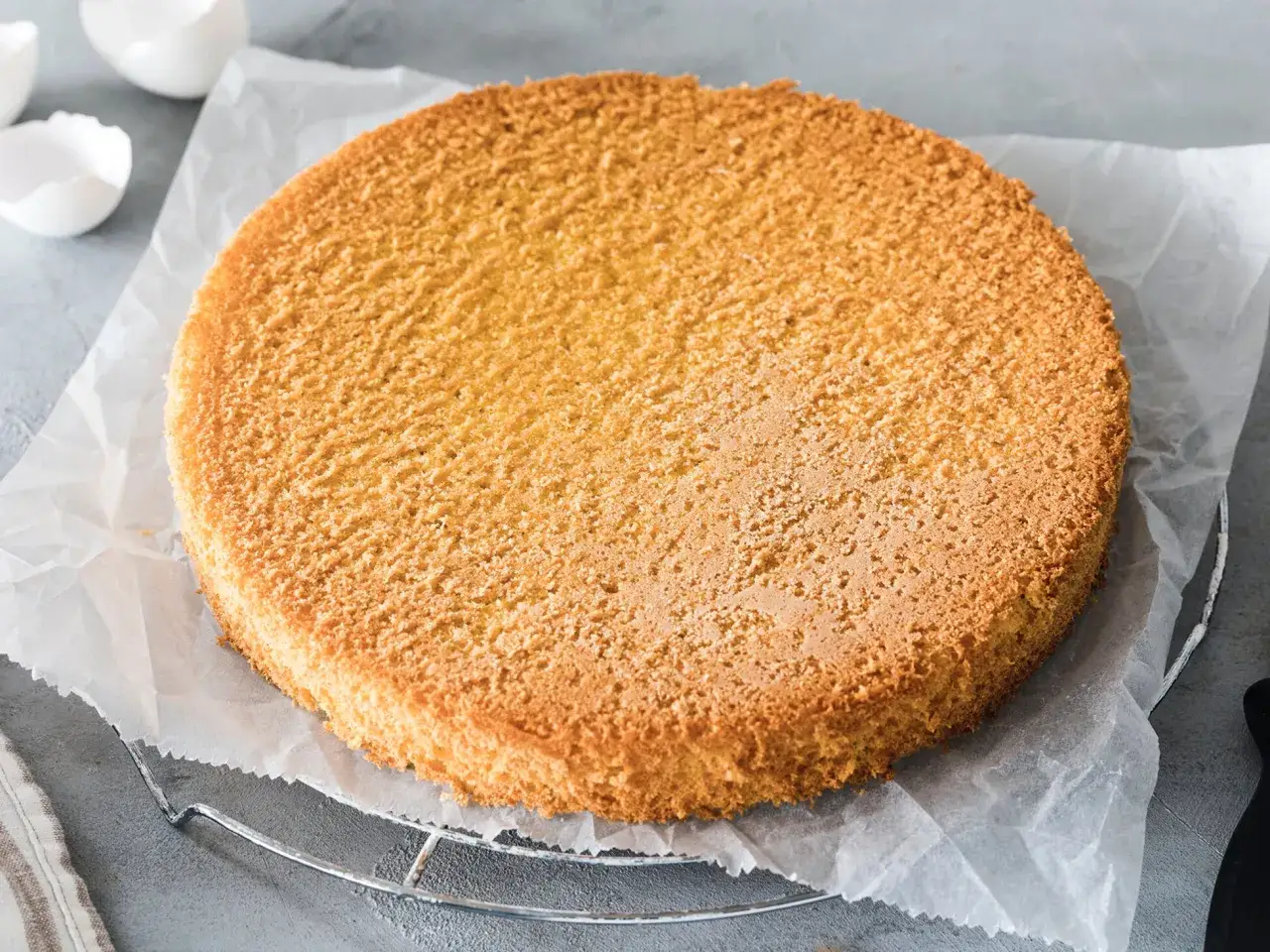 Ein goldbrauner Biskuitboden, perfekt für jedes biskuitboden rezept, liegt auf Backpapier. Daneben liegen leere Eierschalen.