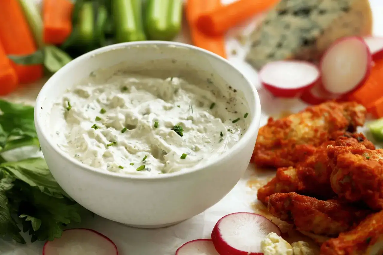 Cremiger blue cheese dip mit Kr&auml;utern, umgeben von Gem&uuml;sesticks, Radieschen und Chicken Wings.