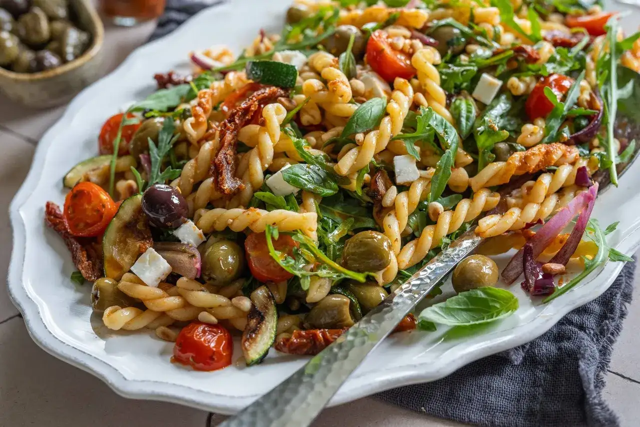 Ein bunter Nudelsalat mal anders: Fusilli mit Oliven, Tomaten, Zucchini, Rucola und Feta. Frisch und lecker!