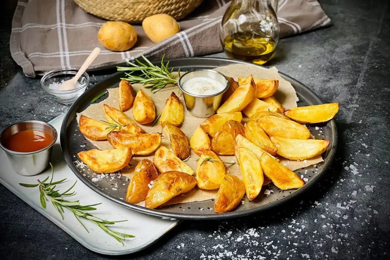 Goldbraune Ofenkartoffeln, perfekt für ein einfaches Ofenkartoffeln Rezept. Dazu Dip und Rosmarin.