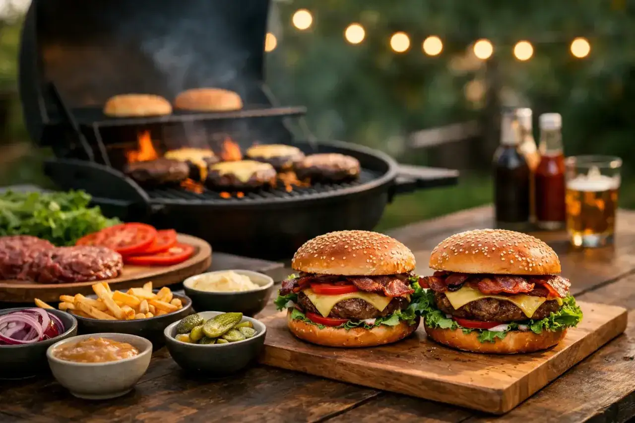 Zwei saftige Burger mit K&auml;se und Speck, daneben Pommes und Gurken. Auf dem Grill brutzeln weitere Pattys. Perfekt f&uuml;r das beste Ketchup Rezept!