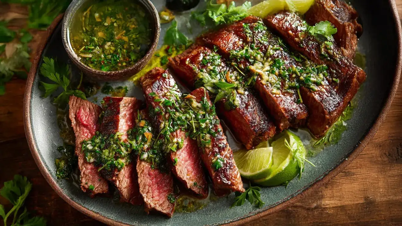 Saftiges Rindersteak, in Scheiben geschnitten und mit frischer Chimichurri-Sauce beträufelt. Dazu Limettenspalten und Petersilie. Perfekt für Chimichurri Rezepte.