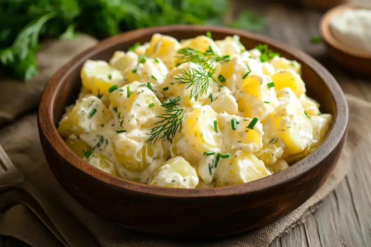 Cremiger Kartoffelsalat mit Mayonnaise, garniert mit Dill und Schnittlauch. Ein klassisches Kartoffelsalat Rezept, das immer schmeckt.